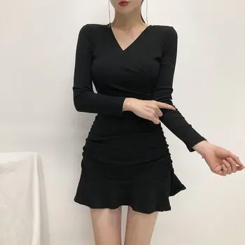 2022 Primavara Toamna Rochii Elegante Pentru Femei De Moda Coreeană Ropa Mujer Mini Halat Sexy V-Neck Maneca Lunga Din Tricot Cu Volane Rochie 0