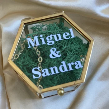 Aur Hexagon de Sticla Cutie de Inel cu Mușchi Personalizate Cutie de Inel pentru Ceremonia de Nunta Moderne, Inel Suport pentru Angajamente